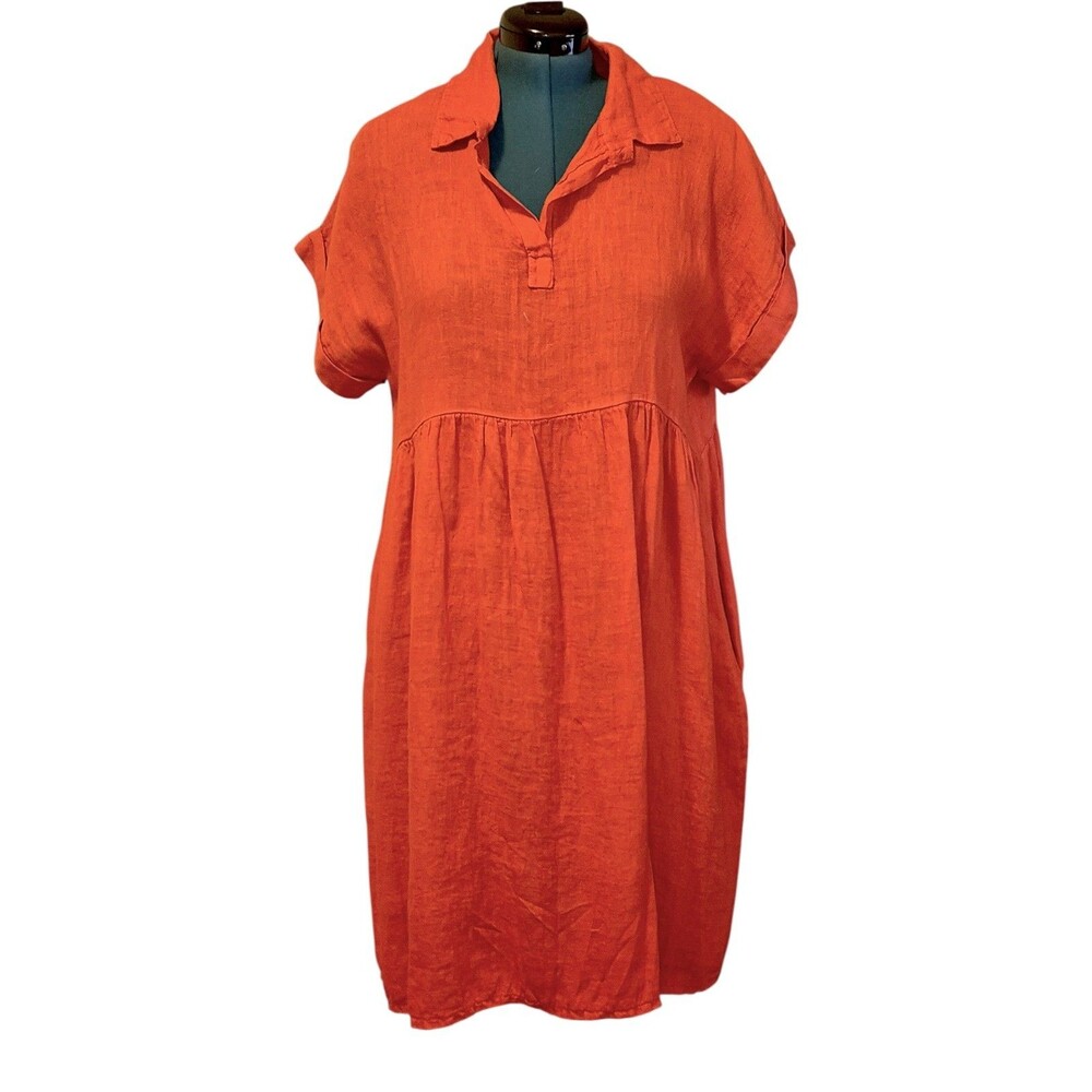 Devitalia Fushia/ Coral Linen Collar Shift Dress with Pockets Women's Medium